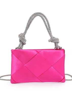 Women’s Pink Satin Evening Clutch with Silver Rope Handle